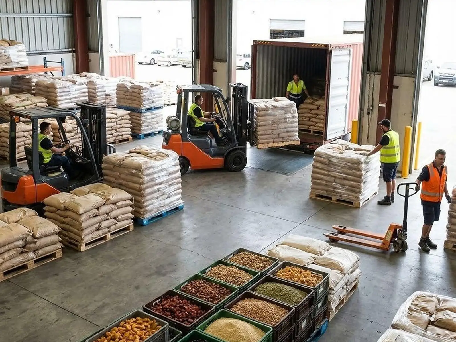 Workers loading sacks of food products with forklifts into an export container at a warehouse
